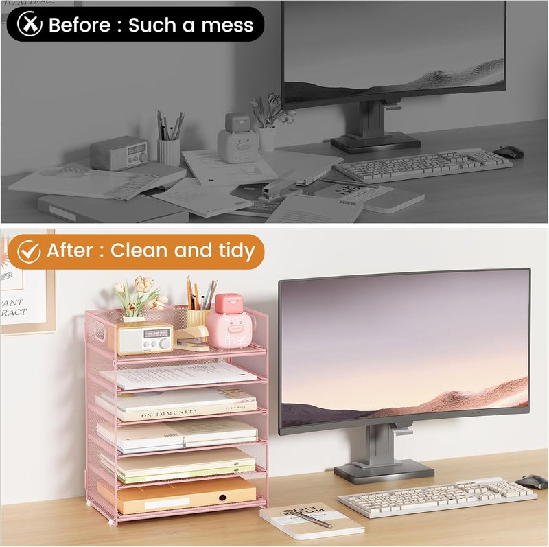 SUBEKYU 6 Tier Office File Paper Desk Tray Organizer with Handle, Stackable Slide Mesh Letter Tray Folder Pink Desk Organizer, Desktop Document Sorter for Classroom, Office, Home Supplies Storage - Image 2